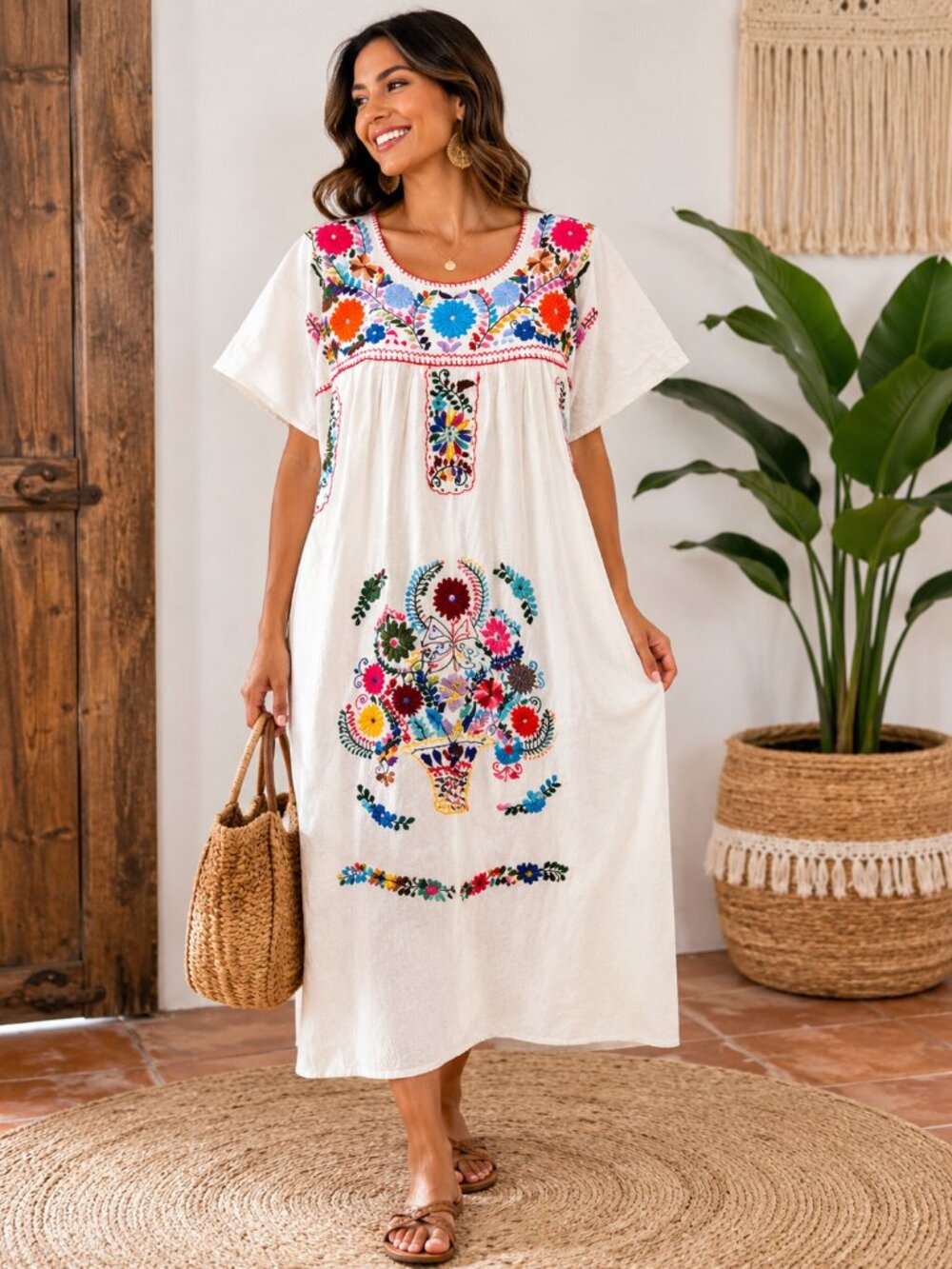 VTG Boho Mexican Embroidered Floral Caftan Dress White Cotton Folk Art Midi Maxi